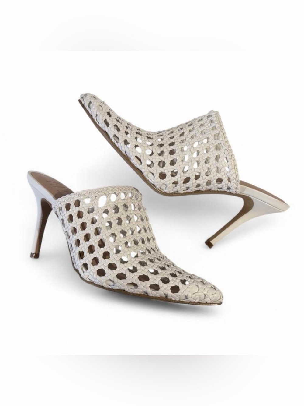 Woven Pointed-Toe Mule Heels in White/Cream